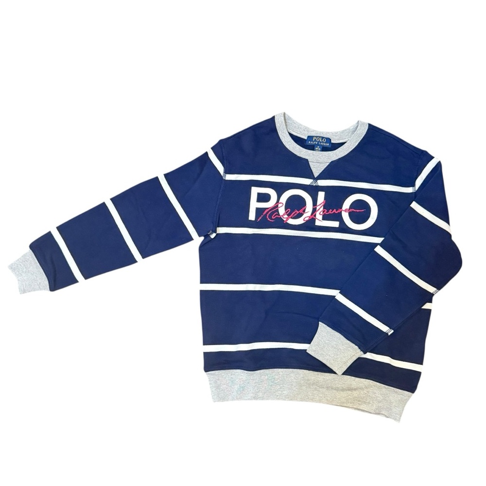 Polo Ralph Lauren Boys M (10-12) Navy Striped Crewneck Sweatshirt Logo Pullover